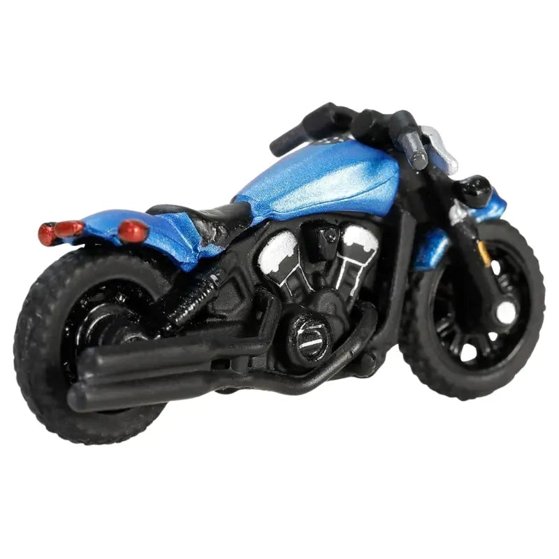 Detailed 1:64 scale blue and black cruiser motorcycle collectible.