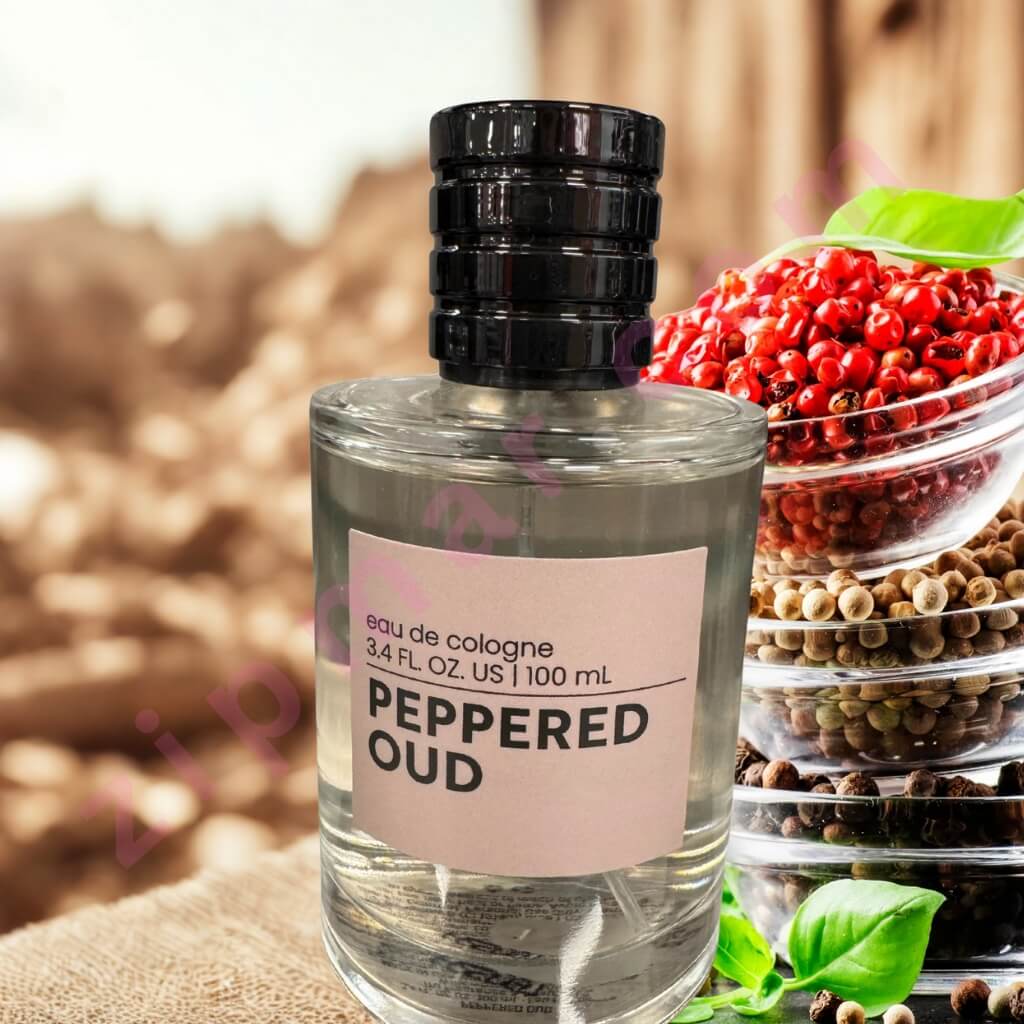 Perfume bottle labeled 'Peppered Oud' with peppercorns in the background