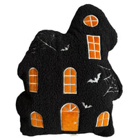 Thumbnail for Front view of 1616 Holdings black sherpa haunted house throw pillow with orange windows and white bats