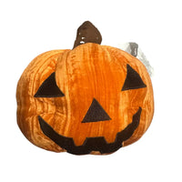 Thumbnail for Front angle of orange crushed velvet Jack-O'-Lantern pumpkin plush pillow