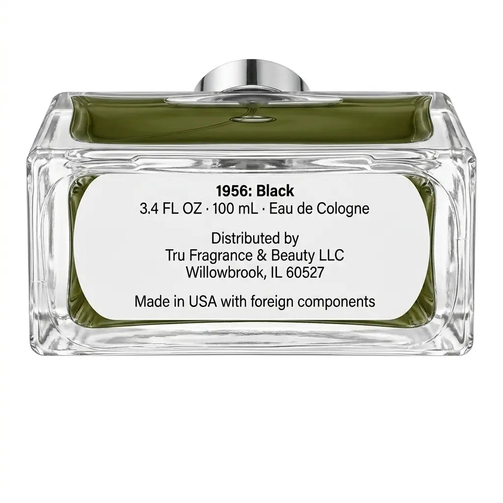 1956: Black Eau de Cologne 3.4 FL OZ – Modern, elegant packaging with citrus and woody scent.