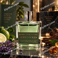 Thumbnail for 1956 Refined Eau de Cologne green label bottle on dark marble surface with bergamot citrus fruit lavender sprigs amber crystal chunks and cedarwood driftwood — luxury editorial lifestyle with Timeless Scents Modern Living branding