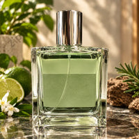 Thumbnail for 1956 Refined Eau de Cologne clear green-tinted glass bottle with silver chrome cap on marble surface surrounded by fresh halved lime citrus white citrus blossoms and rosemary sprigs in warm natural window light