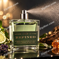 Thumbnail for 1956 Refined Eau de Cologne in active mid-spray with chrome pump visible and green label showing bergamot lavender cedarwood smoked amber blend — fresh citrus slices lavender sprigs amber resin and driftwood bark arranged on dark bokeh background