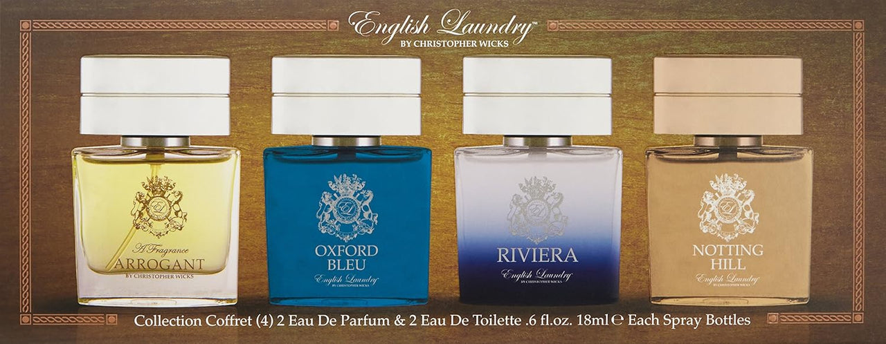 Zipmar English Laundry Men’s 4 Piece Coffret Set – Travel Size Luxury Cologne with Sandalwood, Vanilla, Lemon, and Coriander Notes | 0.67 oz Each Bottle