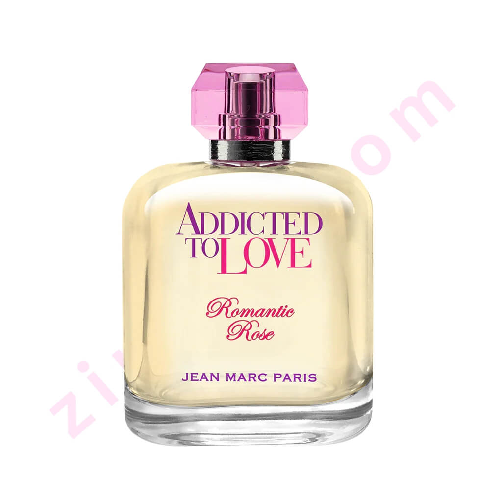 Perfume bottle labeled 'Addicted to Love Romantic Rose' by Jean Marc Paris on a white background