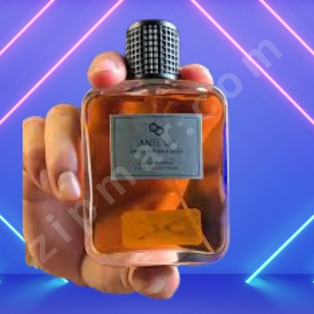 Hand holding a perfume bottle with a colorful geometric background