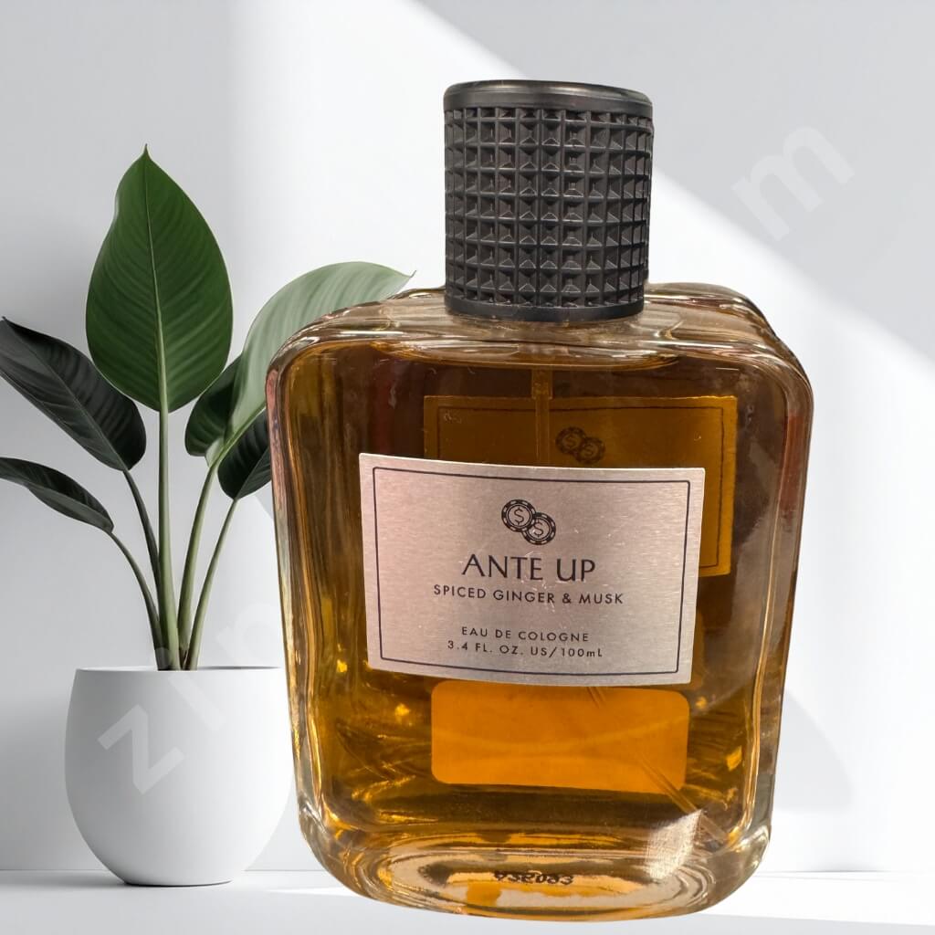 Bottle of 'Ante Up' cologne with a plant in the background