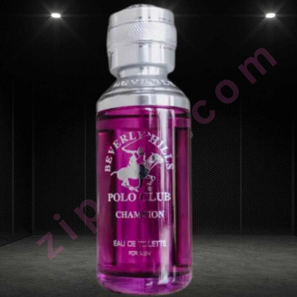 Beverly Hills Polo Club Champion eau de toilette bottle with silver cap on a dark background