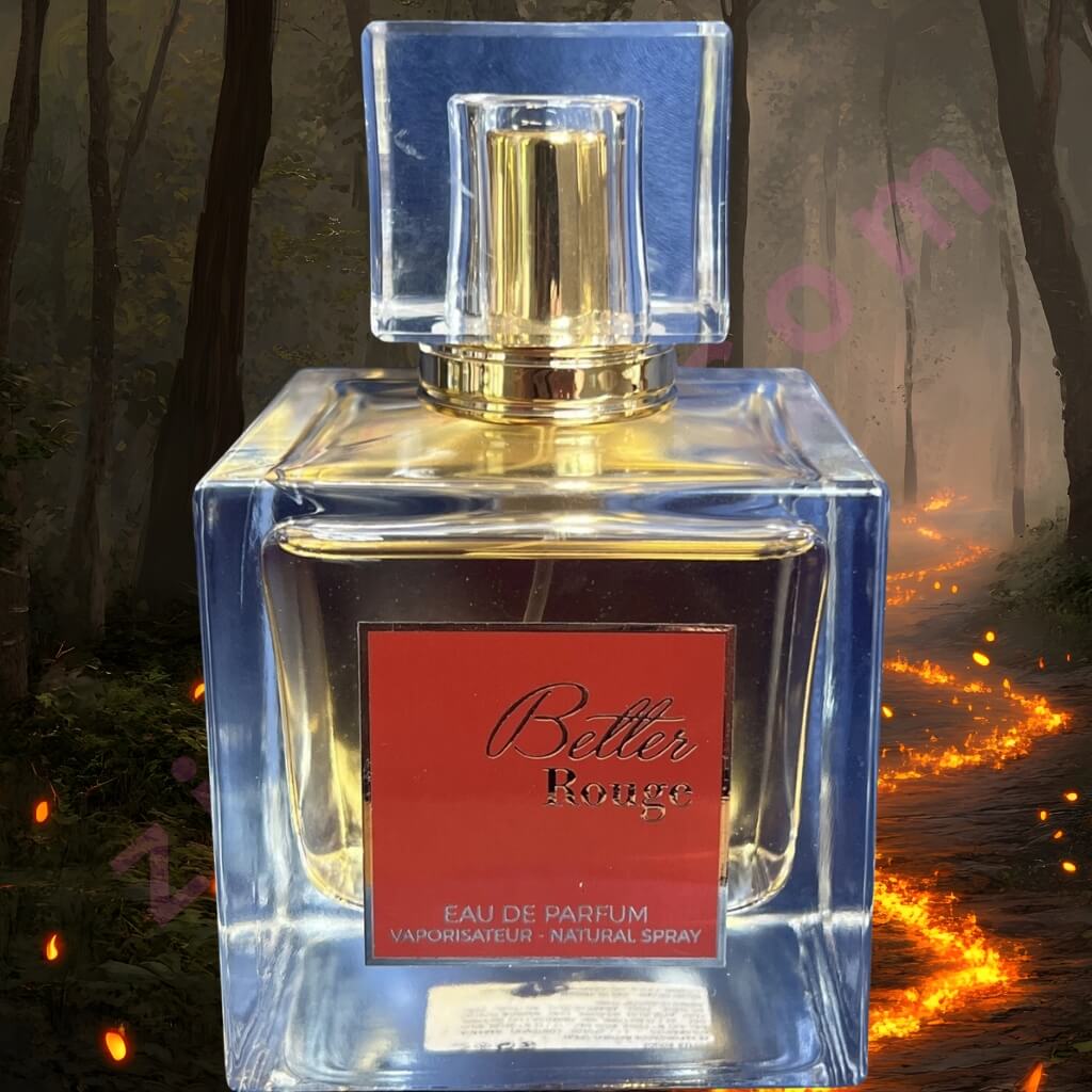 Perfume bottle labeled 'Better Rouge' with a mystical forest background