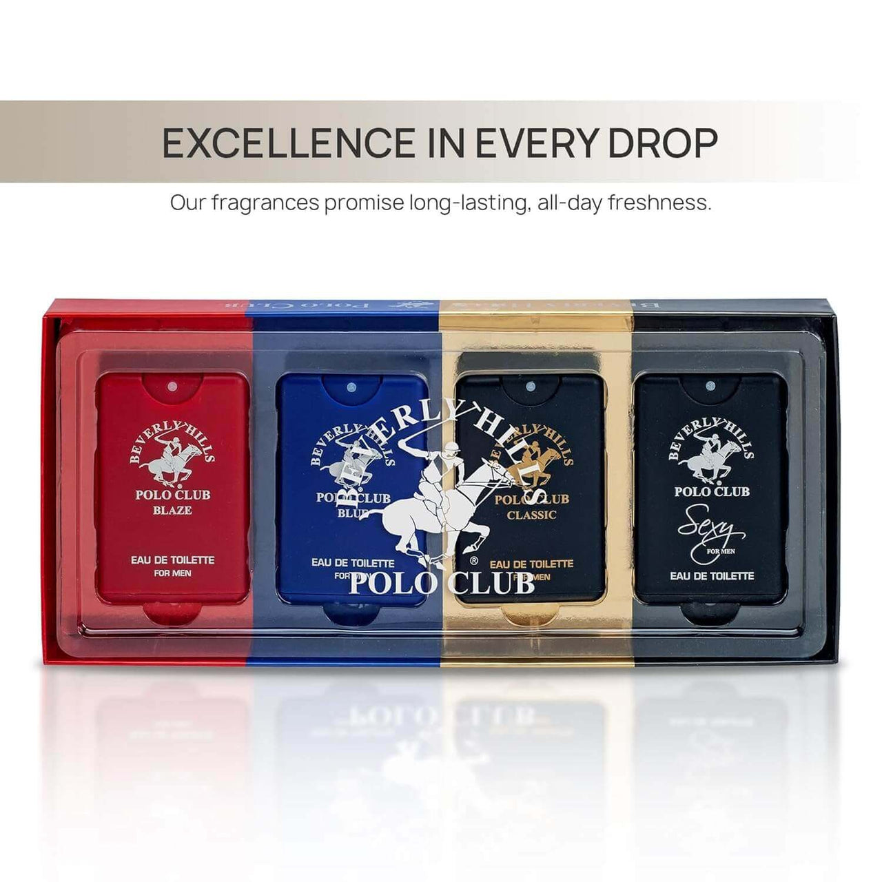 Beverly Hills Polo Club Men’s Pocket Spray 4PC Set | Blaze, Classic, Blue, Sexy | Zipmar