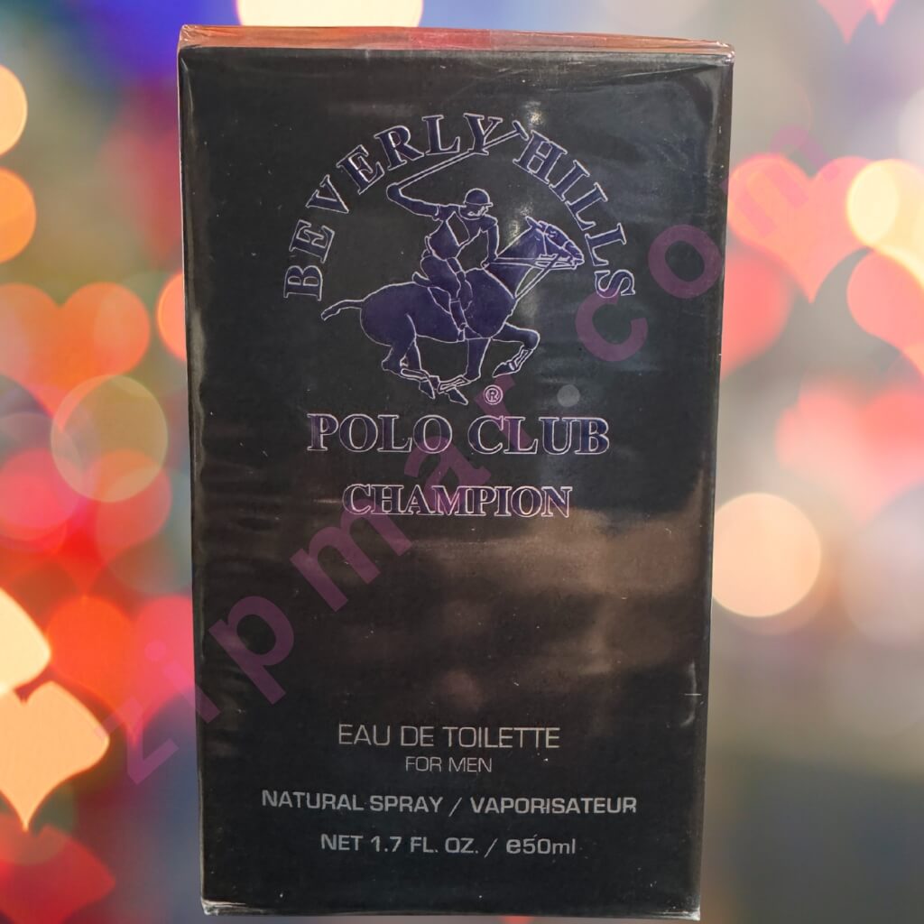 Beverly Hills Polo Club Champion eau de toilette packaging with a colorful blurred background