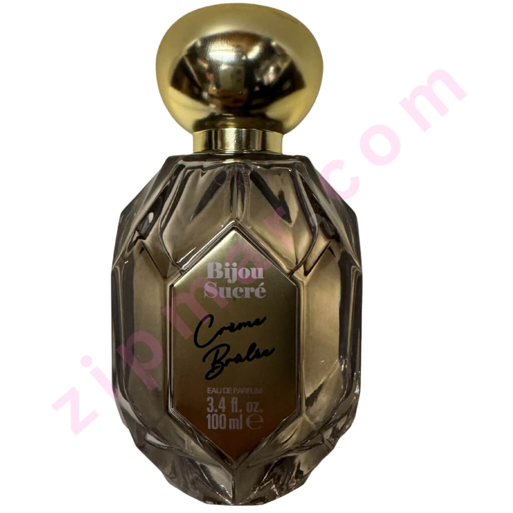 Perfume bottle with gold cap and decorative label on a white background