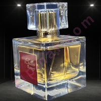Thumbnail for Perfume bottle with a clear design and gold accents on a dark background