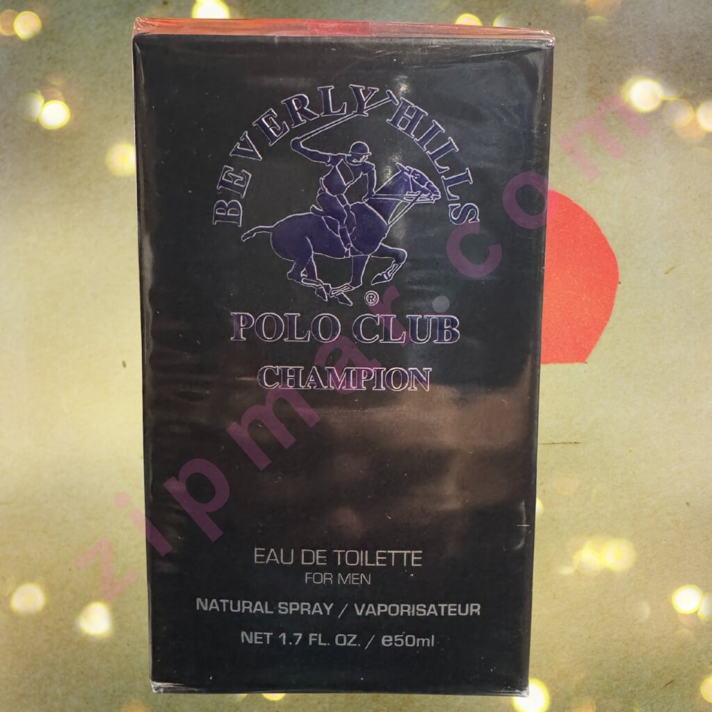 Beverly Hills Polo Club Champion Eau de Toilette packaging on a reflective gold surface.