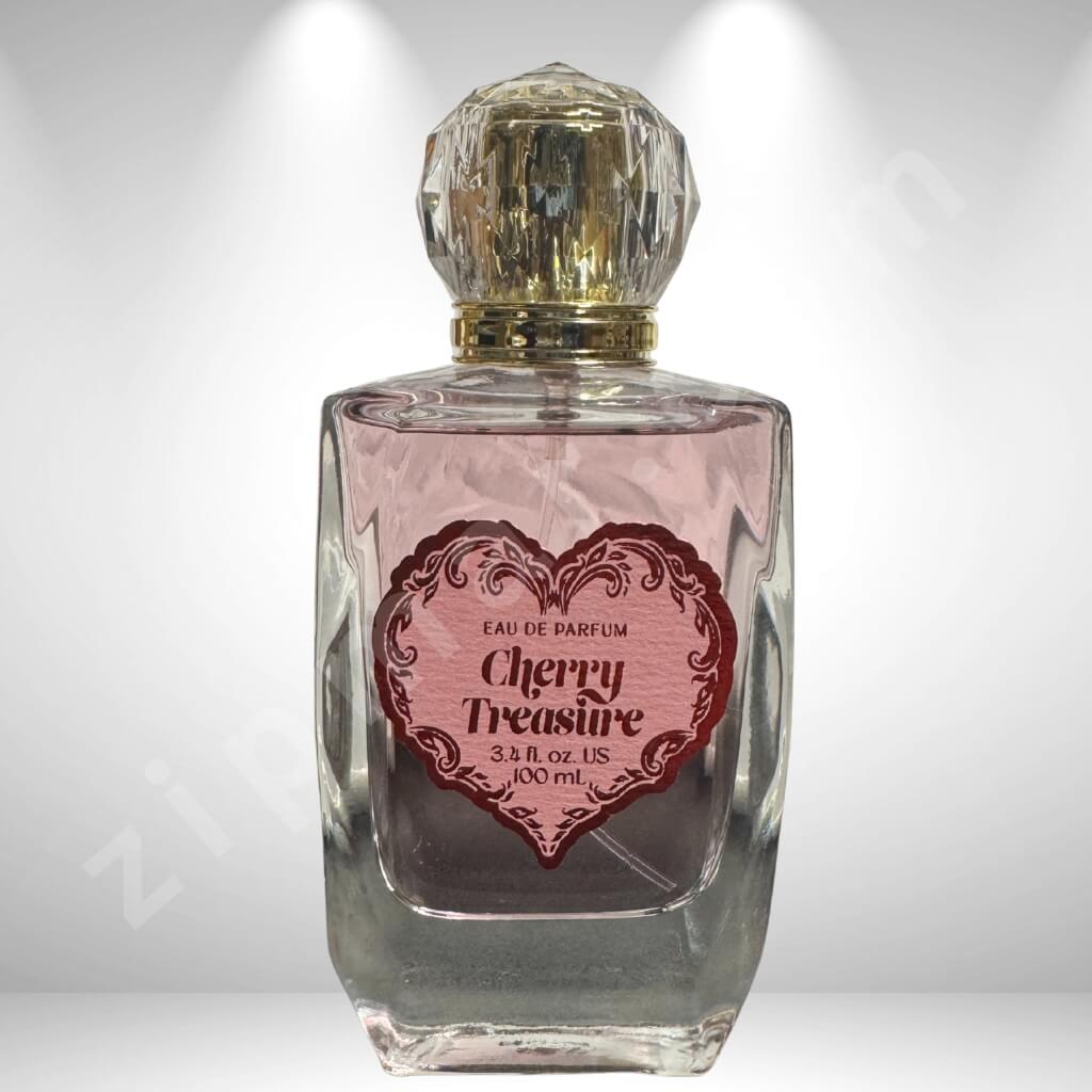 Perfume bottle labeled 'Cherry Treasure' on a white background