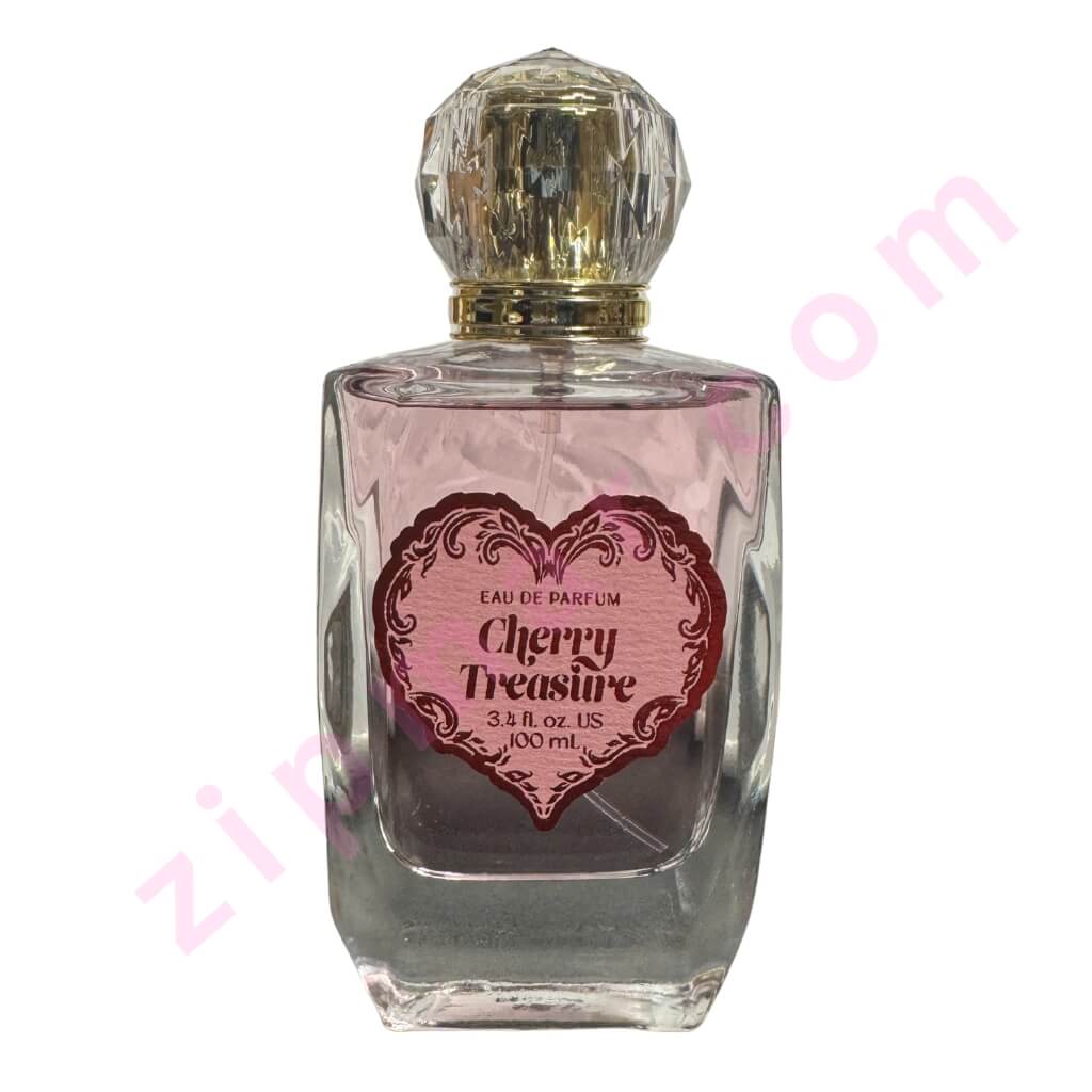 Perfume bottle labeled 'Cherry Treasure' on a white background