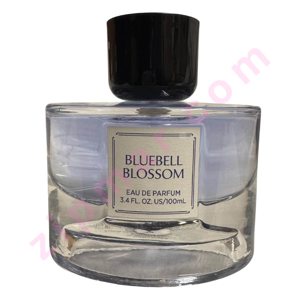 Perfume bottle labeled 'Bluebell Blossom' on a white background