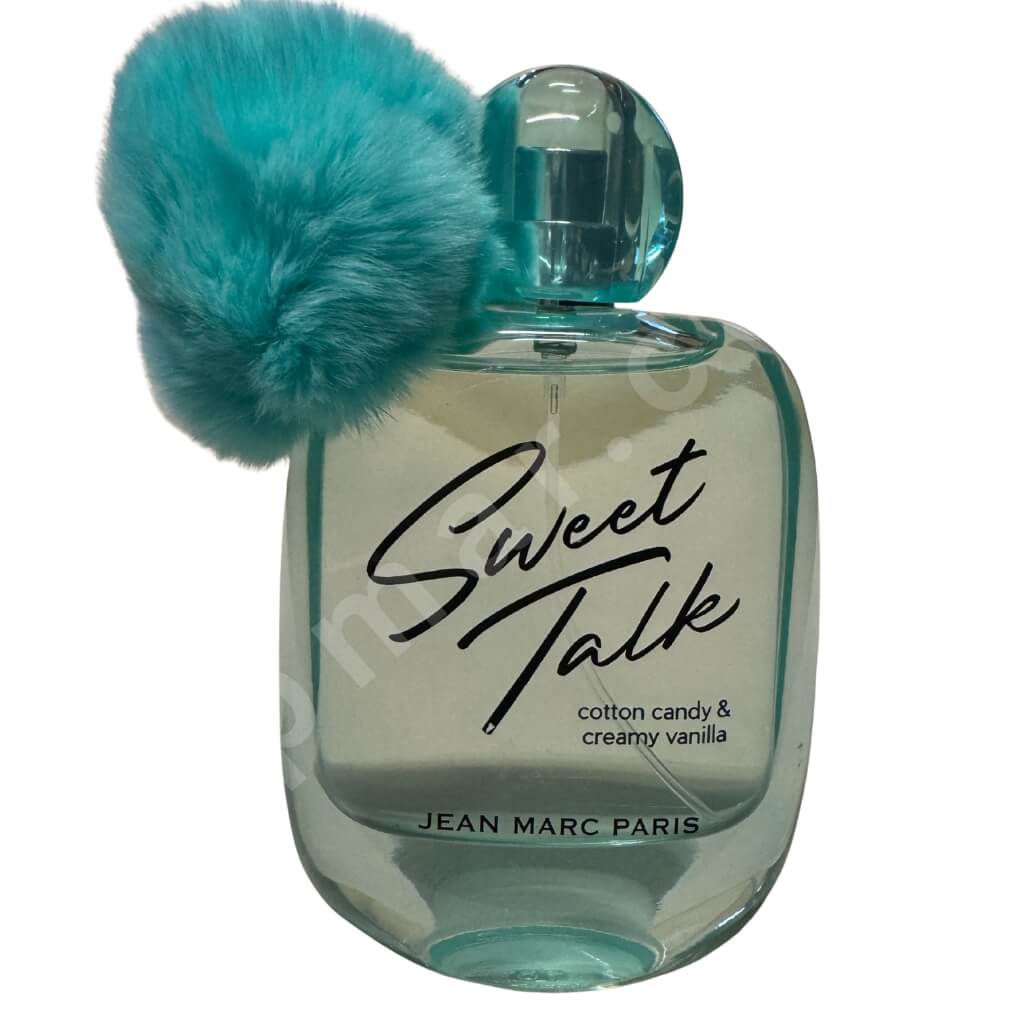 Perfume bottle labeled 'Sweet Talk' by Jean Marc Paris with a turquoise cap on a white background
