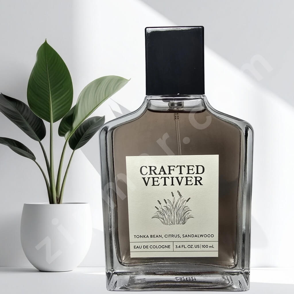 Bottle of 'Crafted Vetiver' cologne with a plant in the background