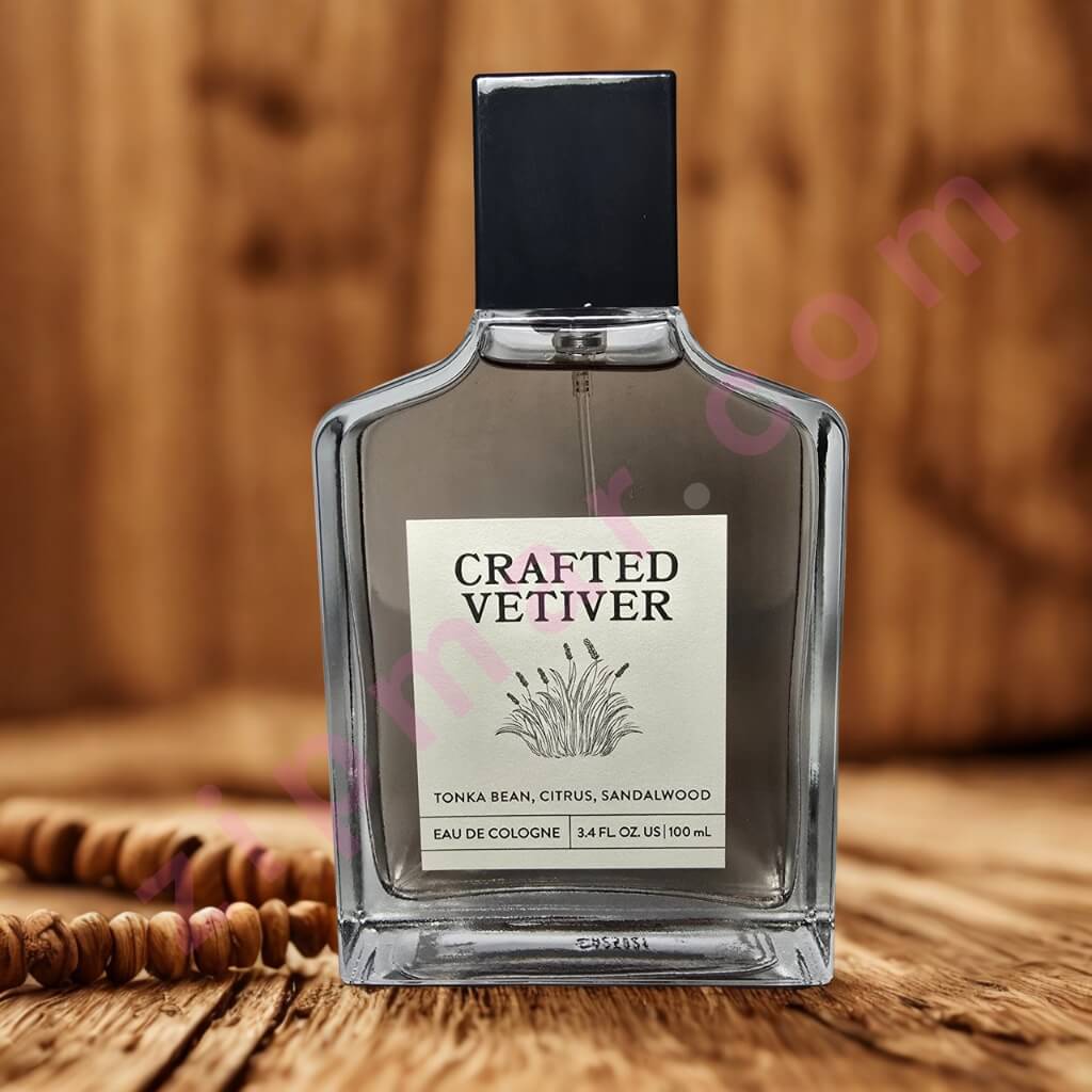 Perfume bottle labeled 'Crafted Vetiver' on a wooden surface with a blurred background