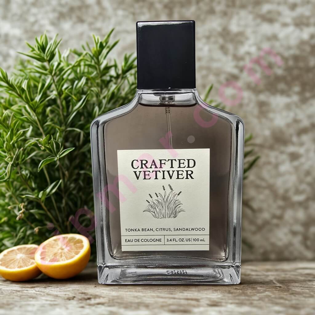 Bottle of 'Crafted Vetiver' cologne with lemons and herbs on a wooden surface