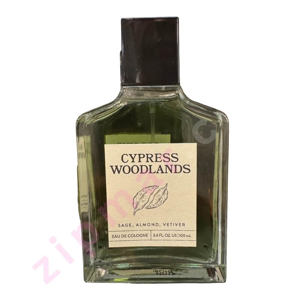 Bottle of Cypress Woodlands cologne with a label on a white background