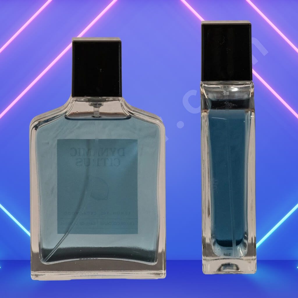 Two perfume bottles with a black cap on a blue background with neon lights.