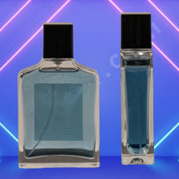 Thumbnail for Two perfume bottles with a black cap on a blue background with neon lights.