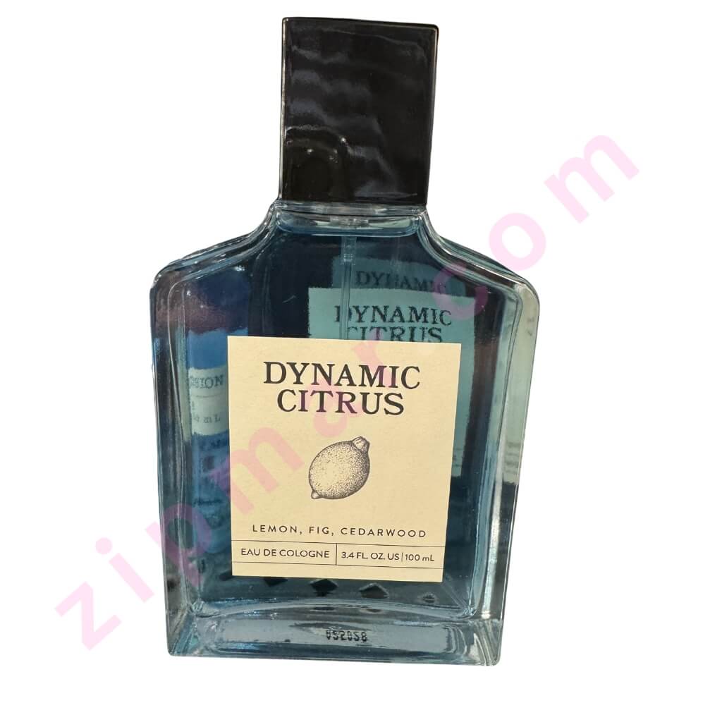 Bottle of Dynamic Citrus cologne with a clear label on a white background