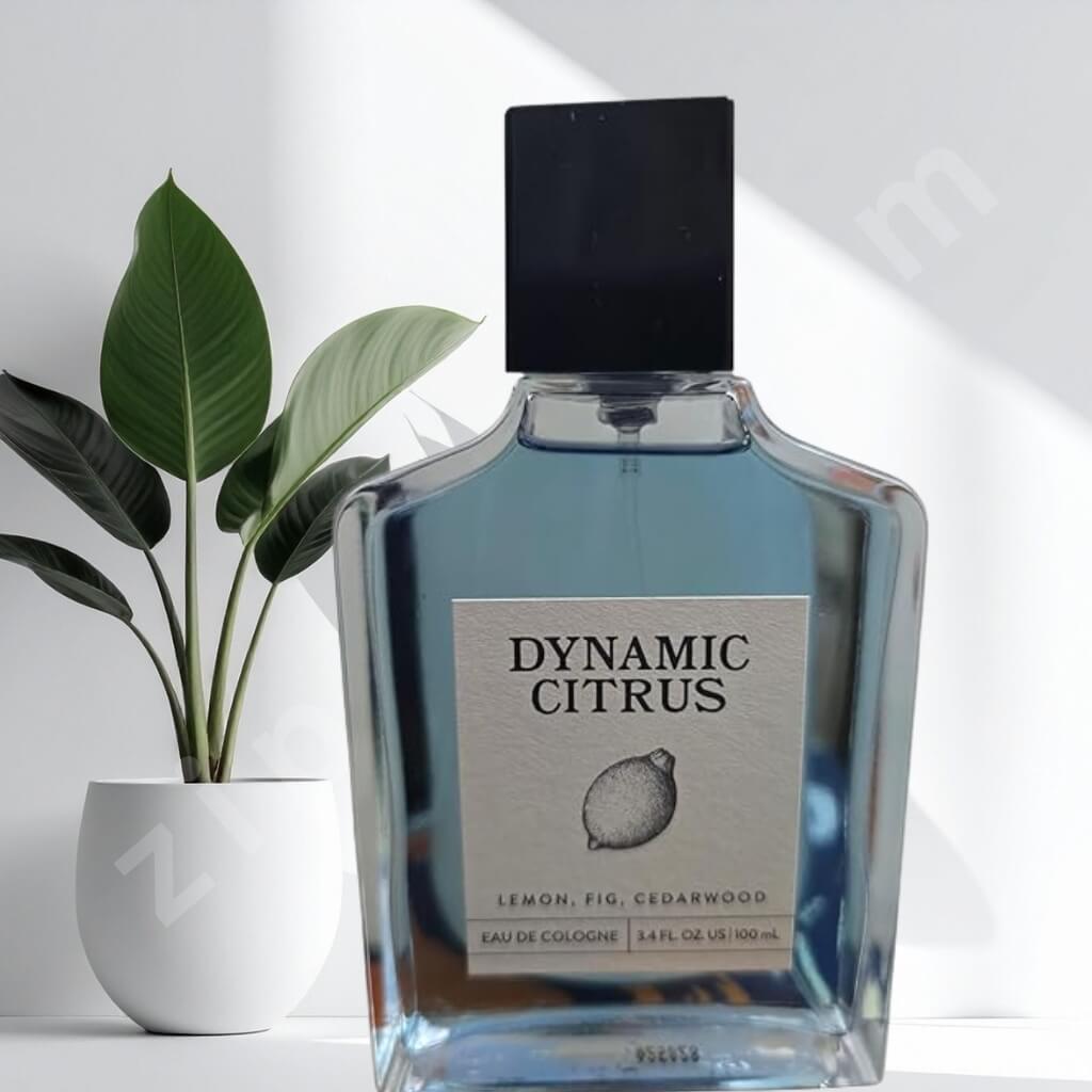 Perfume bottle labeled 'Dynamic Citrus' with a plant in the background