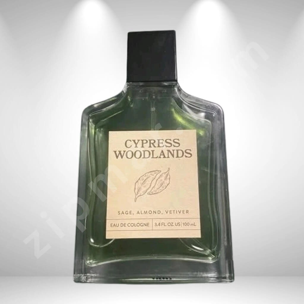 Bottle of Cypress Woodlands cologne on a gray background