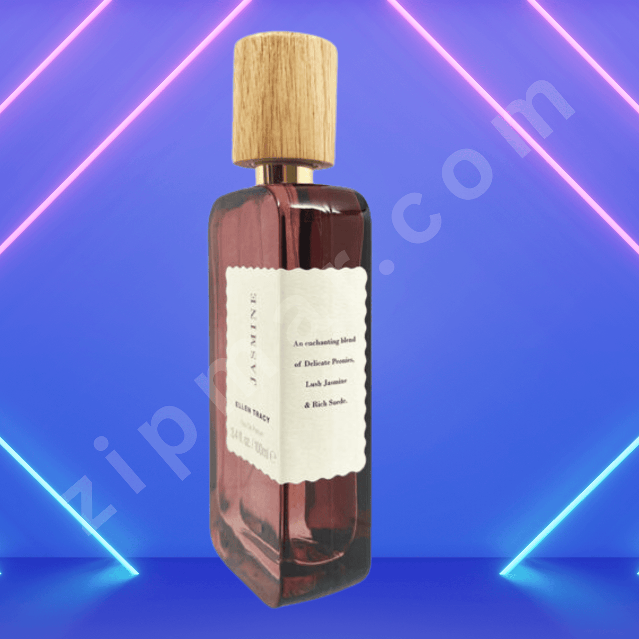 Perfume bottle with wooden cap on a blue and pink neon light background