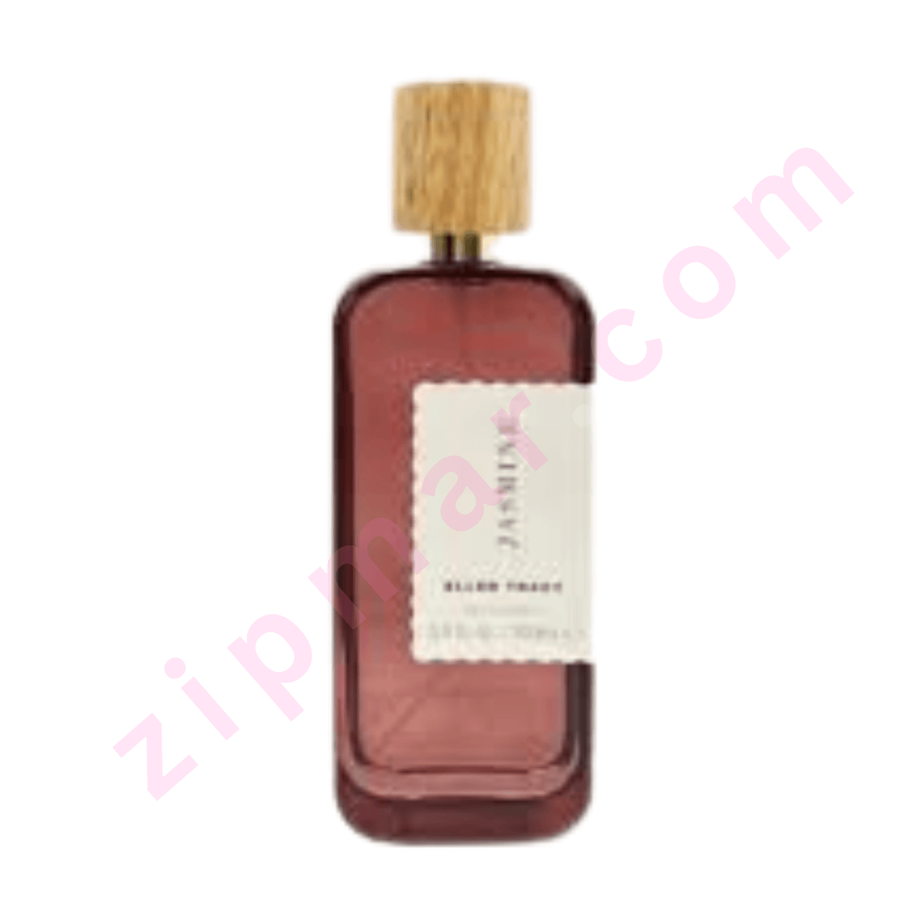 Perfume bottle with wooden cap on a white background