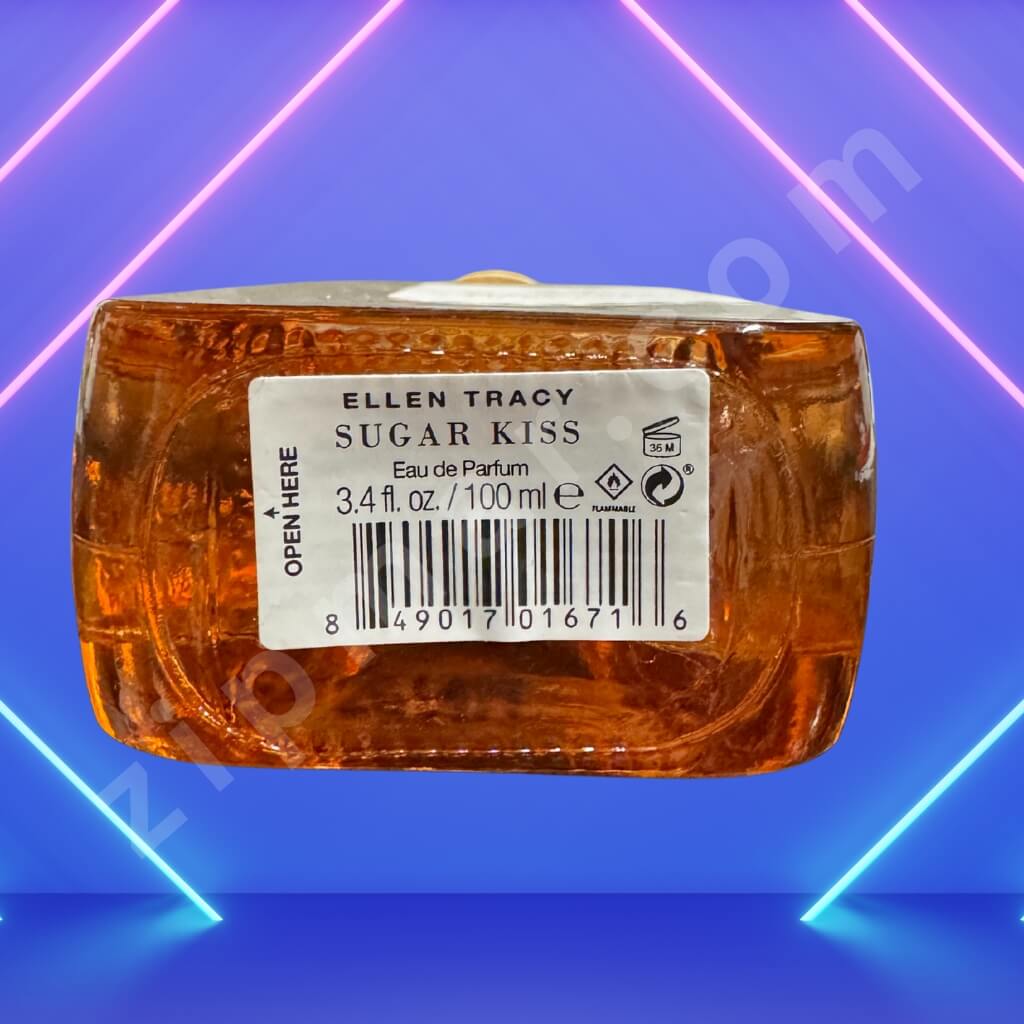 Ellen Tracy Sugar Kiss perfume bottle with label on a blue and pink geometric background
