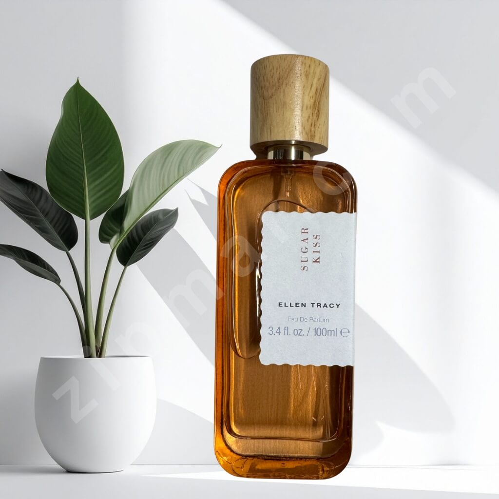 Perfume bottle with wooden cap and Ellen Tracy label next to a plant on a white background