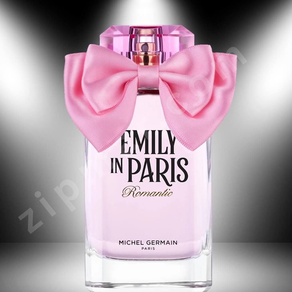 Perfume bottle with pink bow labeled 'Emily in Paris Romantic' by Michel Germain on a dark background.