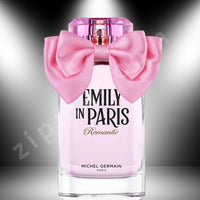 Thumbnail for Perfume bottle with pink bow labeled 'Emily in Paris Romantic' by Michel Germain on a dark background.