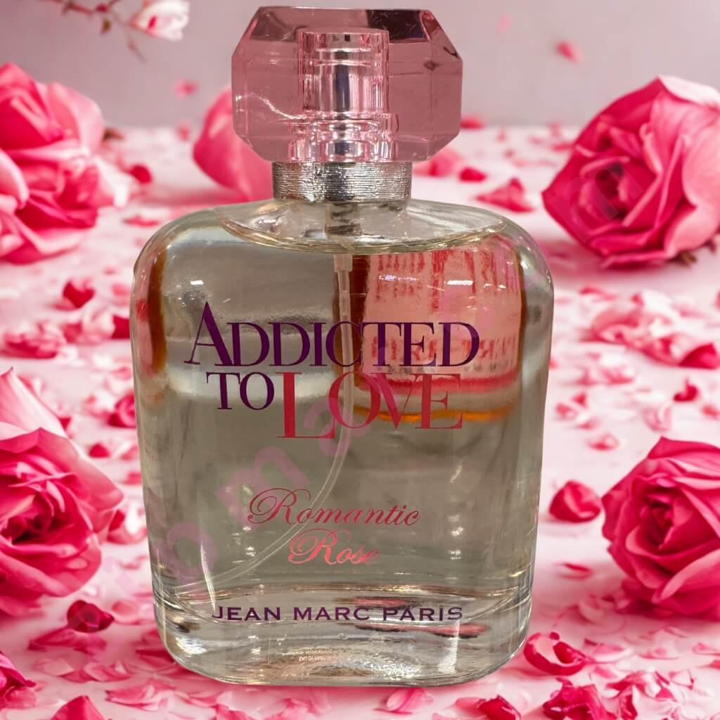 Perfume bottle labeled 'Addicted to Love' surrounded by pink roses on a pink background