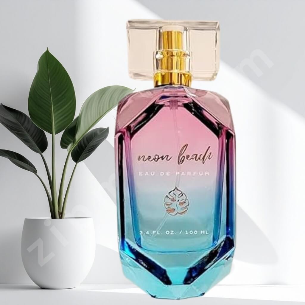 Neon Beau perfume bottle with gradient design on a white background