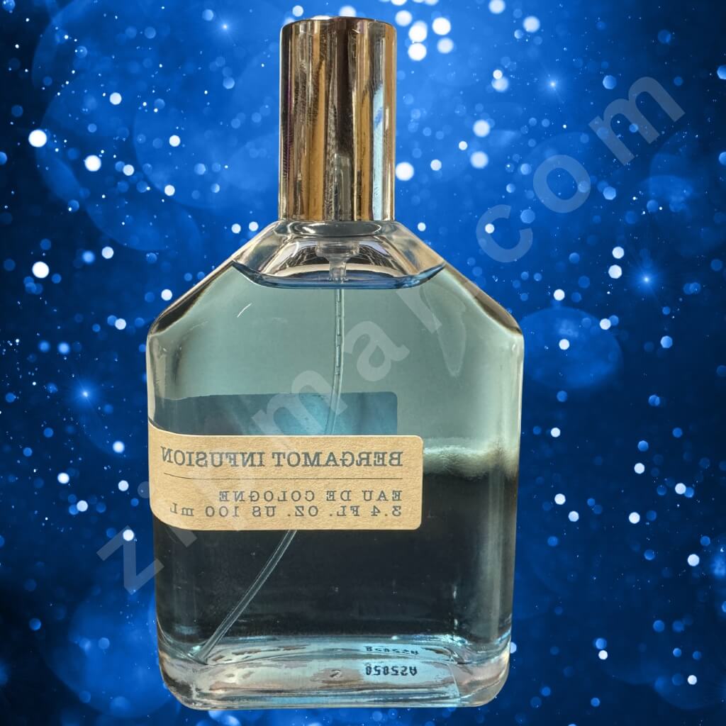 Perfume bottle with a gold cap on a blue background