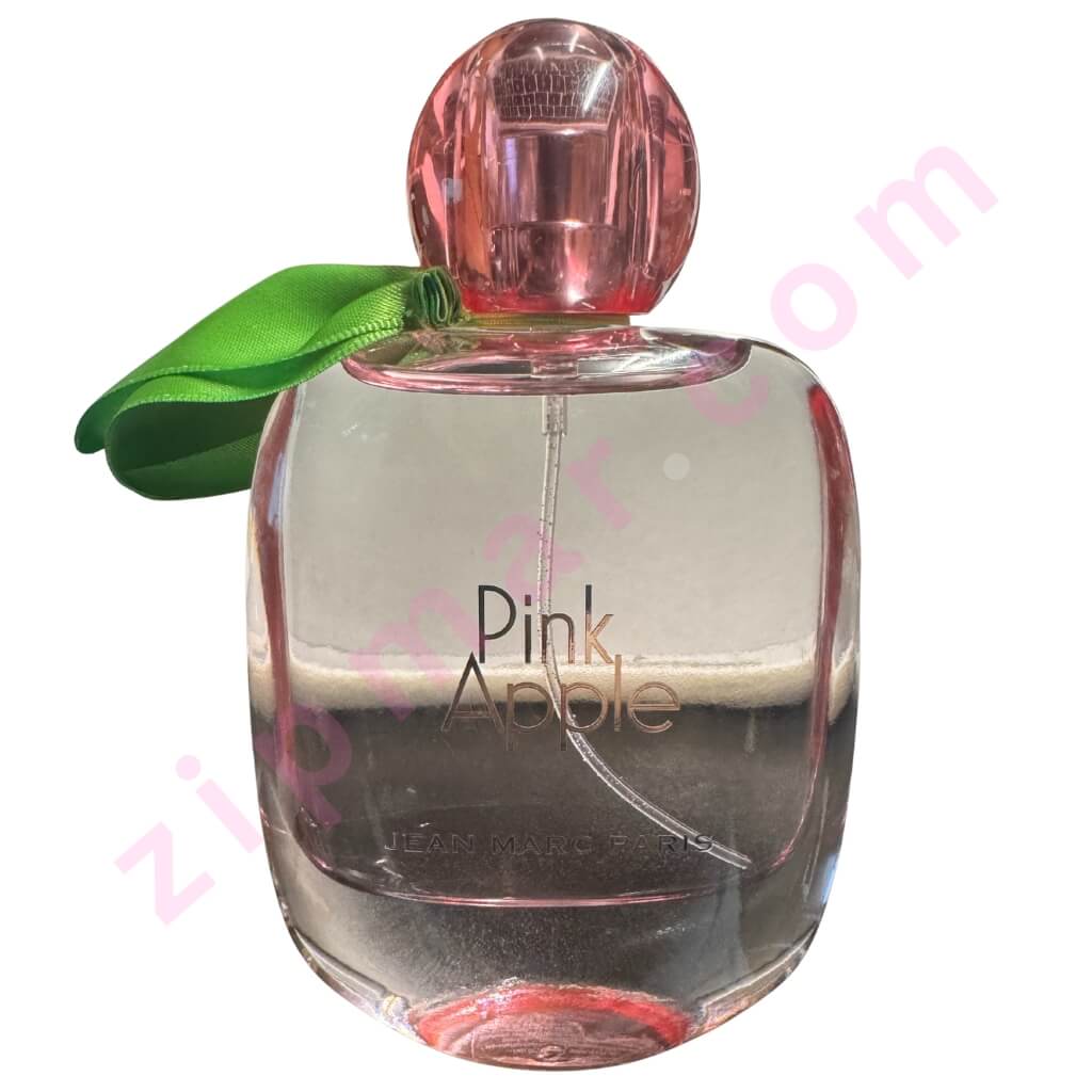Perfume bottle labeled 'Pink Apple' with a green ribbon on a white background