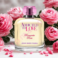 Thumbnail for Perfume bottle labeled 'Addicted to Love Romantic Rose' by Jean Marc Paris with pink roses in the background.