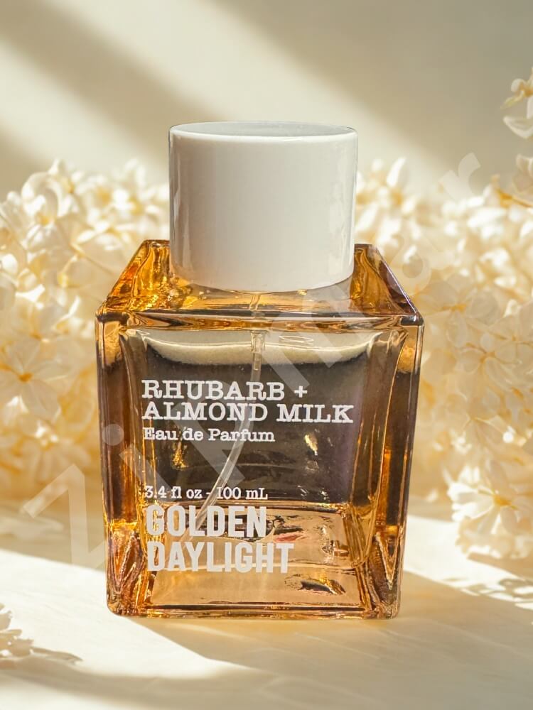 “Rhubarb + Almond Milk perfume 3.4oz amber square bottle with white cap
