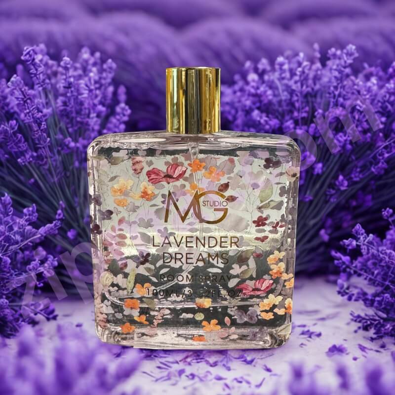Perfume bottle labeled 'Lavender Dreams' by MG Studio with lavender flowers in the background