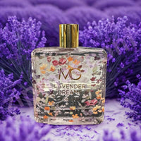 Thumbnail for Perfume bottle labeled 'Lavender Dreams' by MG Studio with lavender flowers in the background
