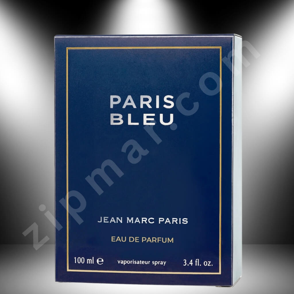 Box of Paris Bleu perfume by Jean Marc Paris on a dark background