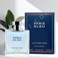 Thumbnail for Perfume bottle and packaging of 'Paris Bleu' by Jean Marc Paris on a light gray background with green leaves.