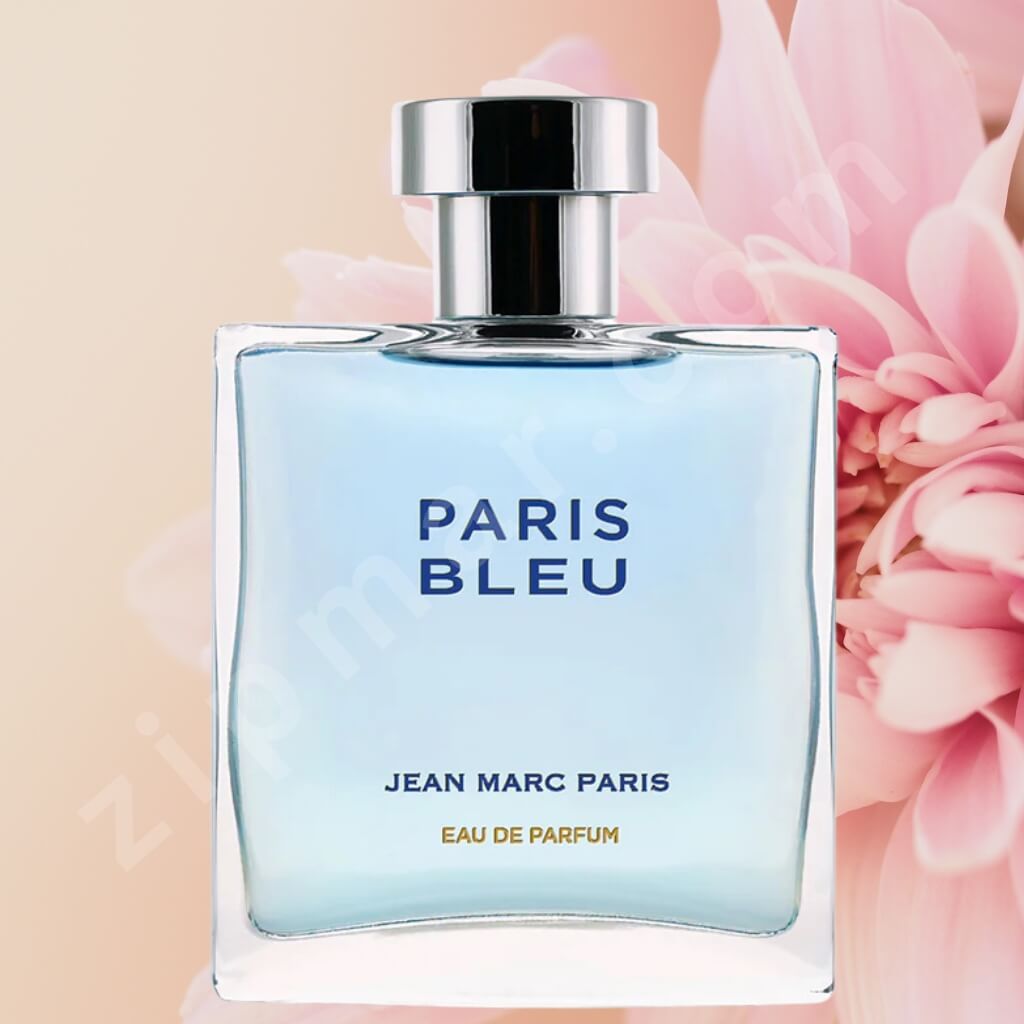 Perfume bottle labeled 'Paris Bleu' by Jean Marc Paris with pink flowers in the background