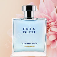 Thumbnail for Perfume bottle labeled 'Paris Bleu' by Jean Marc Paris with pink flowers in the background